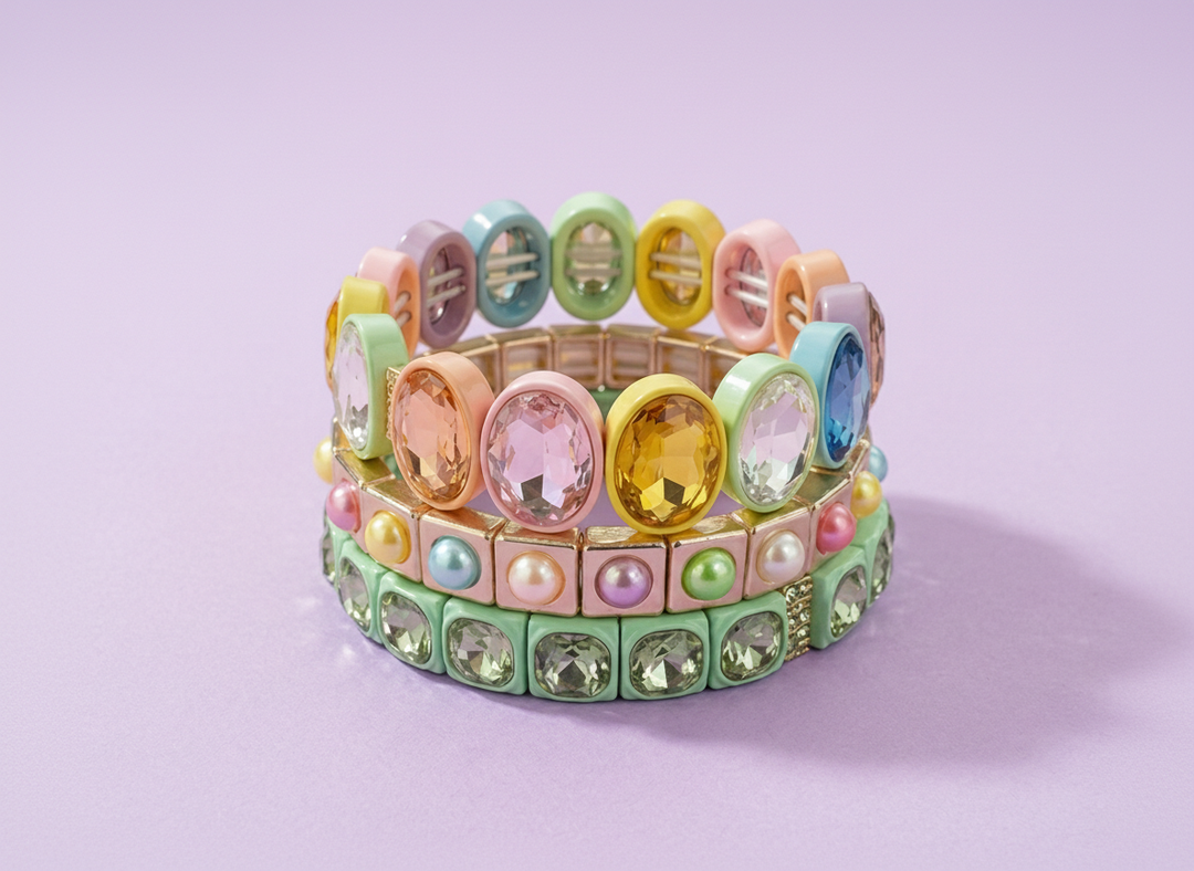 Accessories, Bracelets - Enamel Stretch Bracelet - Large Oval Rainbow Stones - Olivia - - Cultured Cloths Apparel