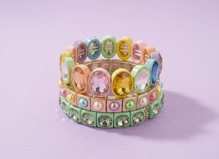 Accessories, Bracelets - Enamel Stretch Bracelet - Large Oval Rainbow Stones - Olivia - - Cultured Cloths Apparel