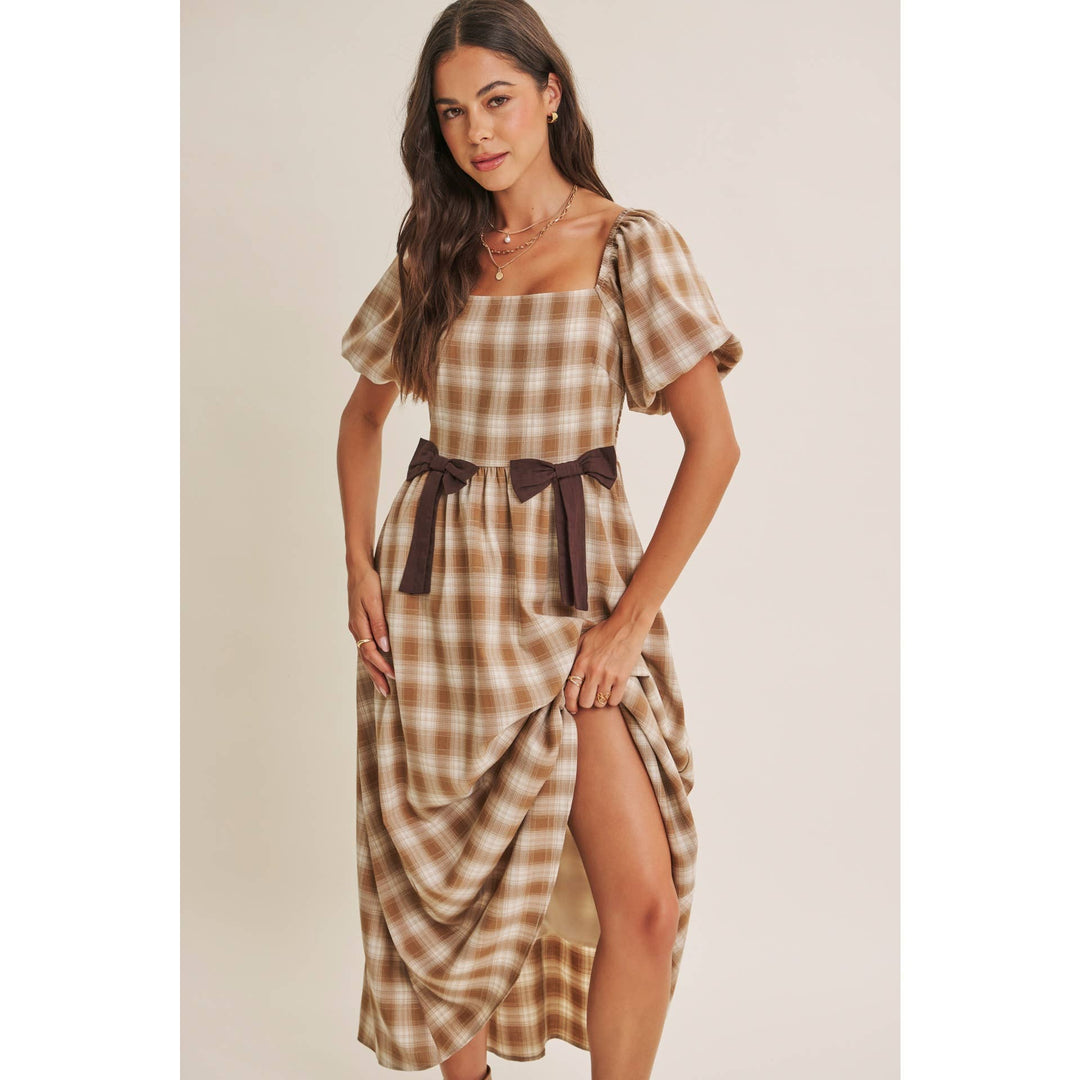 Women's Dresses - GOLDEN FIELD PLAID SMOCKED MIDI DRESS WITH CONTRAST BOW - - Cultured Cloths Apparel