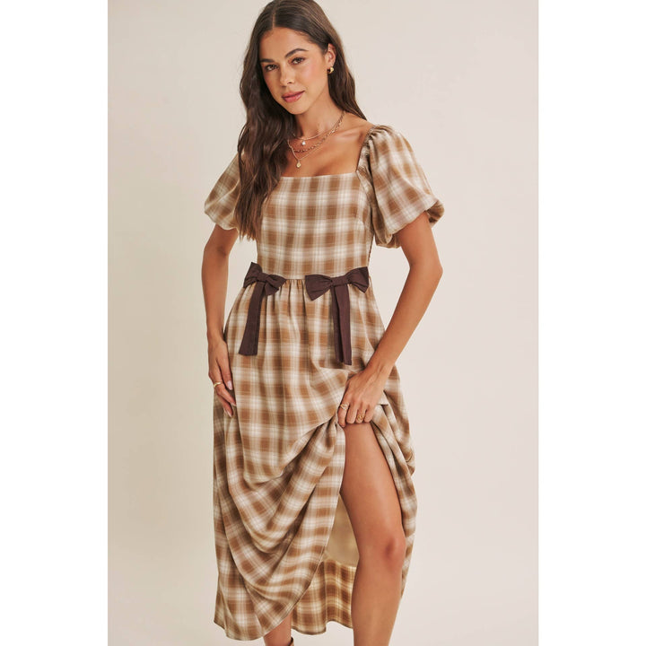 Women's Dresses - GOLDEN FIELD PLAID SMOCKED MIDI DRESS WITH CONTRAST BOW - - Cultured Cloths Apparel
