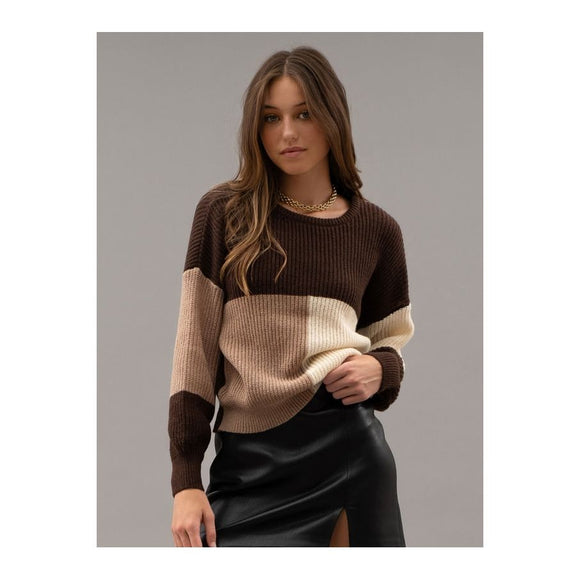 Women's Sweaters - Colorblock Back Tie Knit Sweater - Chocolate - Cultured Cloths Apparel