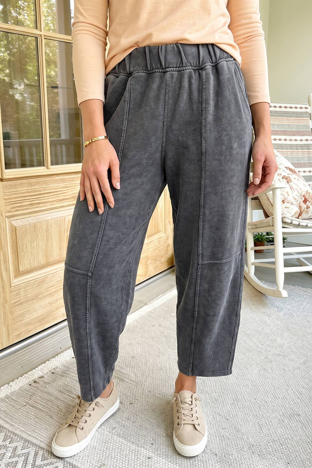 Plus Sizes - Mineral Wash Seam Detail Elastic Waist Pants - - Cultured Cloths Apparel