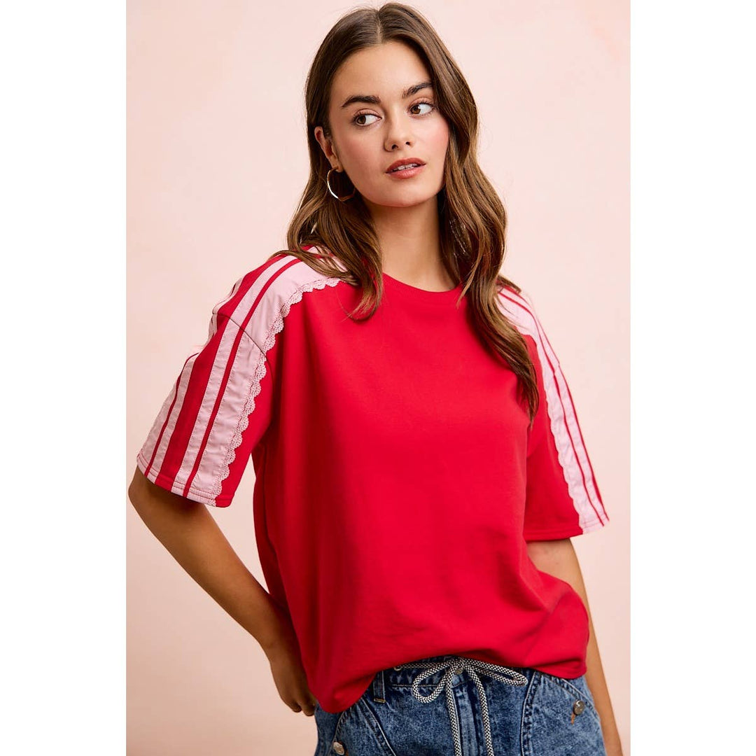 FRENCH TERRY SIDE LACE DETAIL SHORT SLEEVES TOP