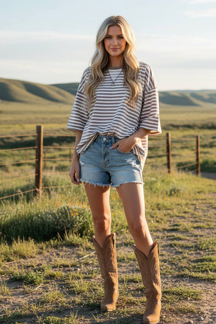 Women's Short Sleeve - STRIPED OVERSIZED SHORT SLEEVE TOP - - Cultured Cloths Apparel