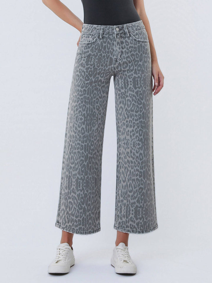 Denim - HIGH RISE GREY LEOPARD PRINT CROP WIDE LEG JEANS T7331GLP - 25 - Cultured Cloths Apparel