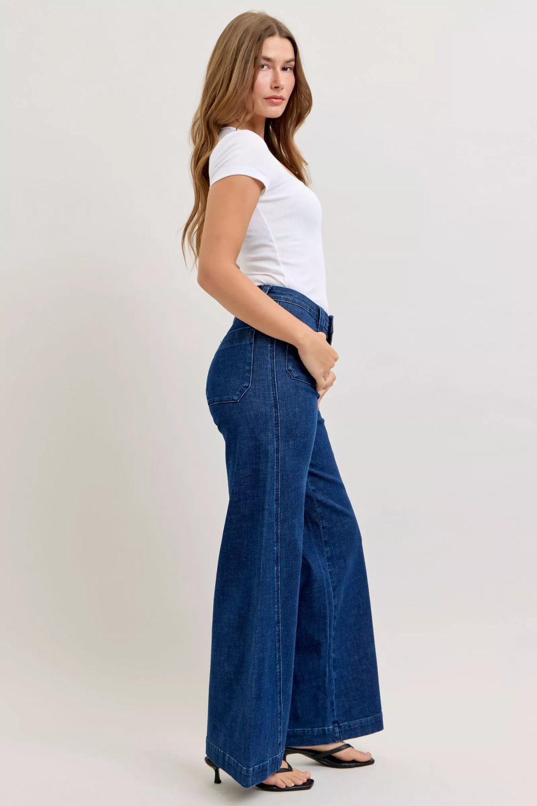 Denim - Judy Blue High-Waisted Retro Wide Jeans with Patch Pkts & Twisted Seams - - Cultured Cloths Apparel