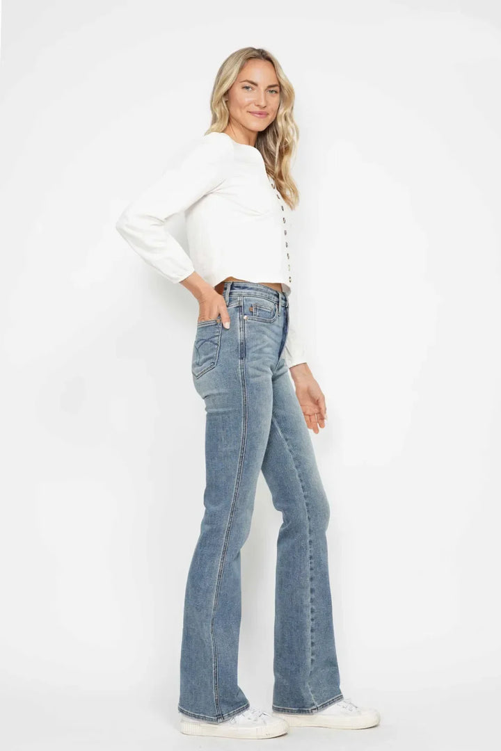 Denim - Judy Blue Full Size Tummy Control Back Embroidered Pocketed Bootcut Jeans - - Cultured Cloths Apparel