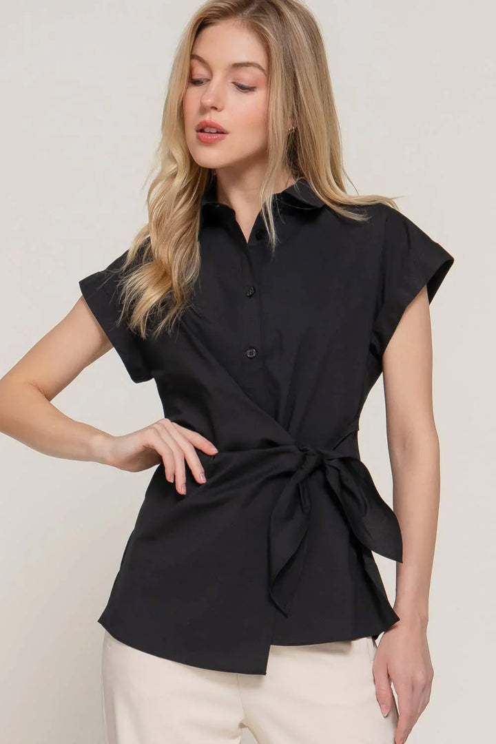 Women's Short Sleeve - Short Dolman Sleeve Button Down Side Knot Poplin Shirt - BLACK - Cultured Cloths Apparel