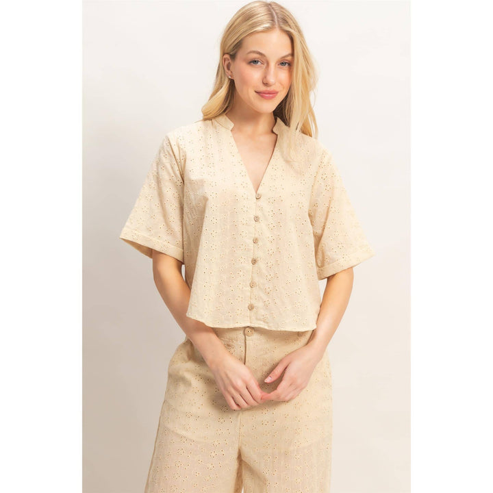 Olive Floral Eyelet Mandarin Collar Top