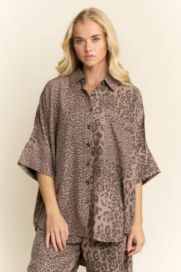 Leopard Print Oversized High-Low Button-Down Shirt