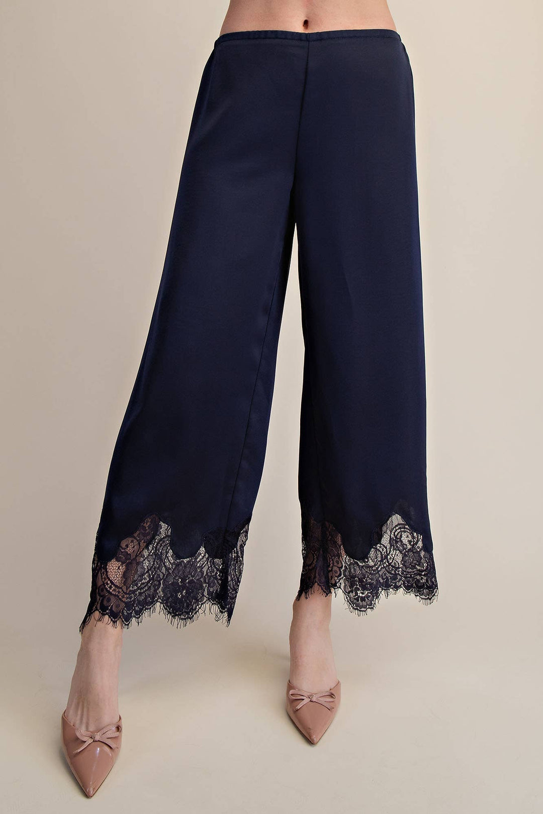Pants - Mid Rise Cropped Lace Trim Pants - Navy - Cultured Cloths Apparel