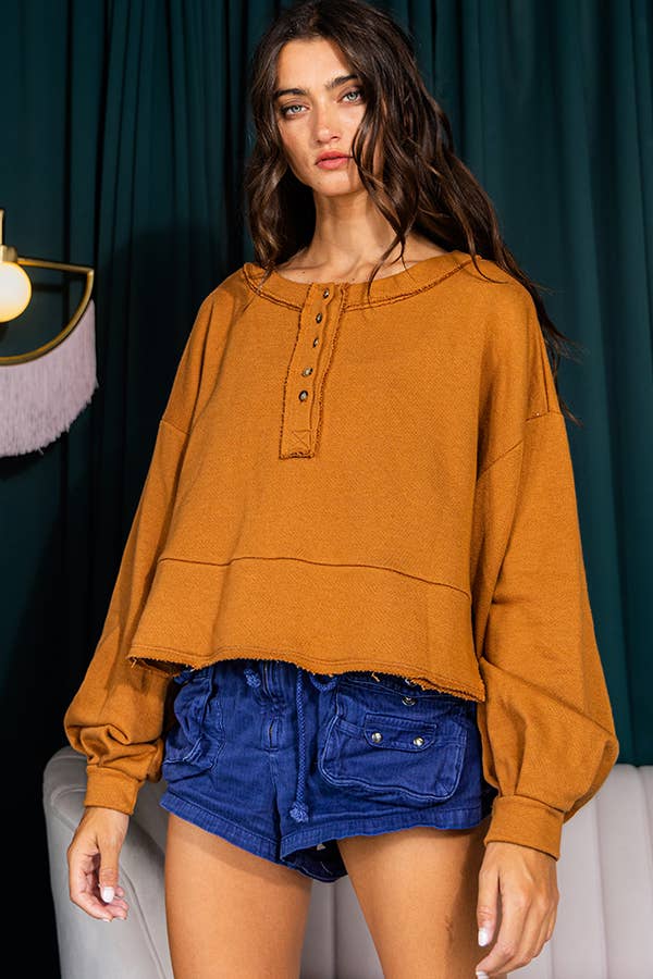 Lantern Sleeve Button-up French Terry Crop Top