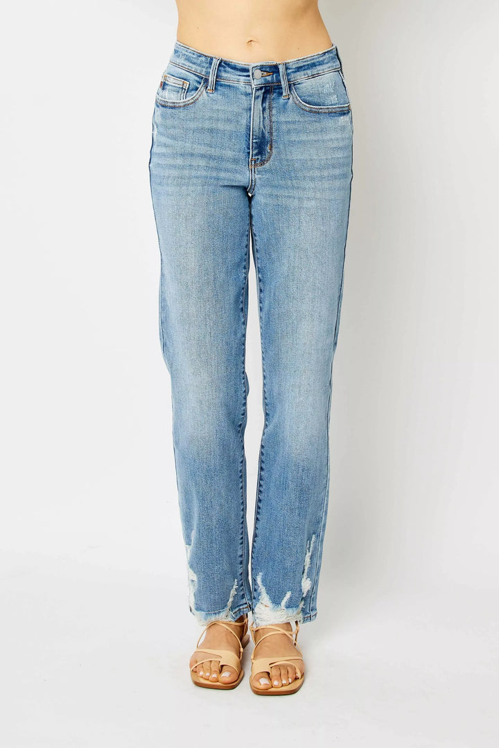Denim - Judy Blue Full Size High Waist Straight Jeans with Heavy Destroy - - Cultured Cloths Apparel