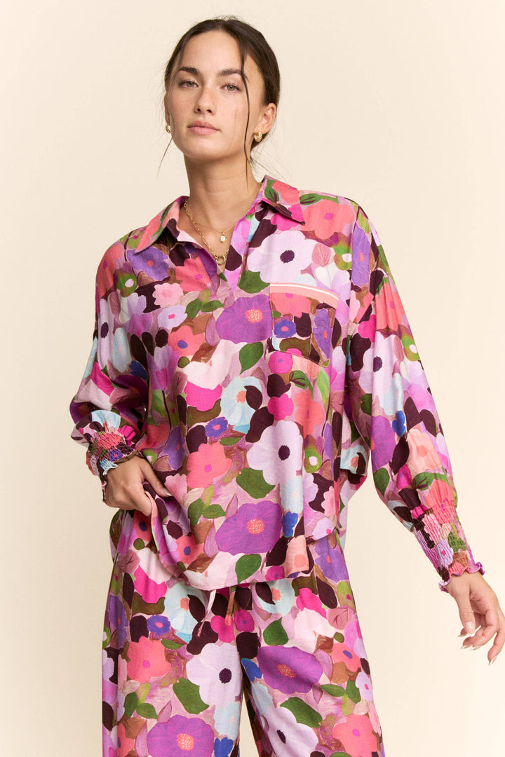 Pants - BERRY FLORAL PRINT WIDE-LEG PANTS WITH DRAWSTRING WAIST - - Cultured Cloths Apparel
