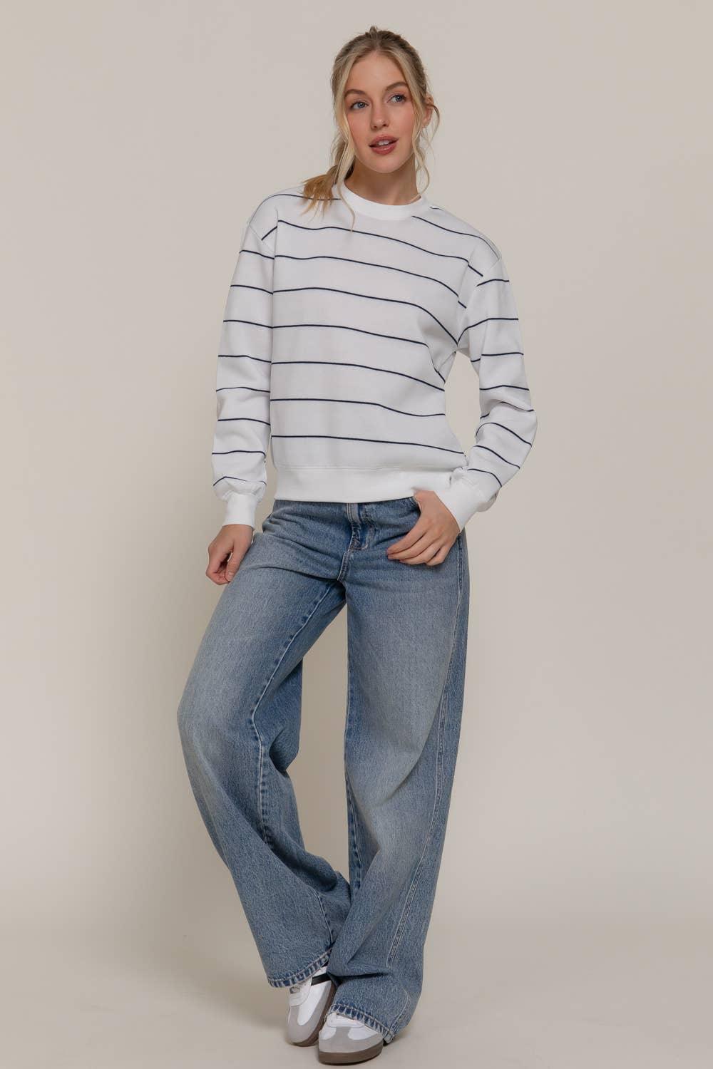 Women's Sweaters - Long Sleeve Engineer Stripe Inner Fleece Sweatshirt - IVORY - Cultured Cloths Apparel