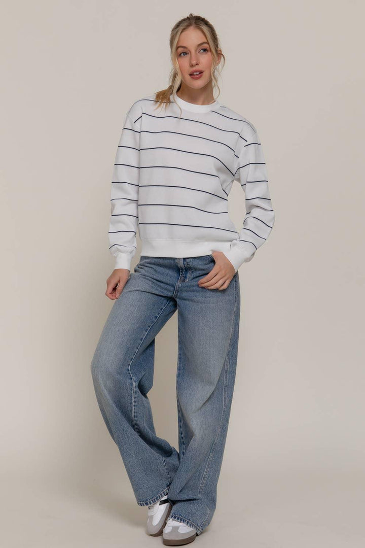 Women's Sweaters - Long Sleeve Engineer Stripe Inner Fleece Sweatshirt - IVORY - Cultured Cloths Apparel