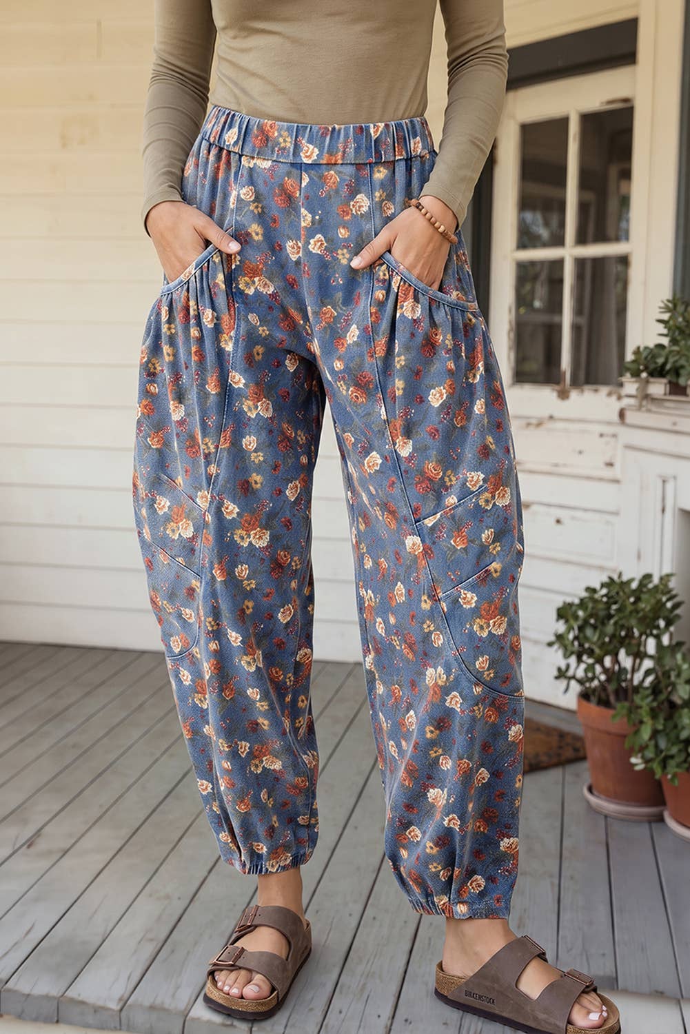 Retro Floral Elastic Waist Pocketed Barrel Jeans (4-16)