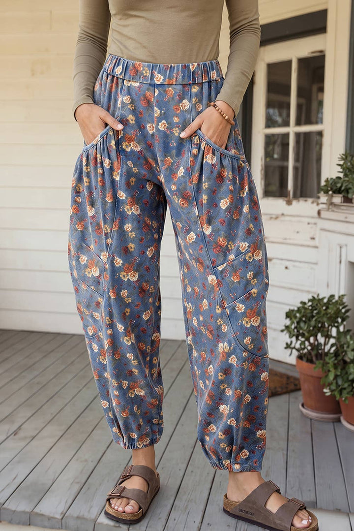 Retro Floral Elastic Waist Pocketed Barrel Jeans (4-16)