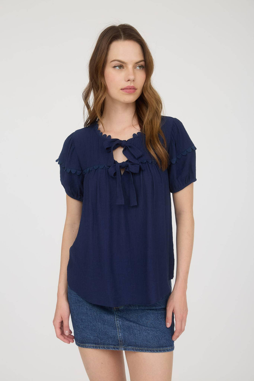 Women's Short Sleeve - SCALLOP TRIM FRONT TIE DETAIL PUFF SLEEVE TOP - - Cultured Cloths Apparel