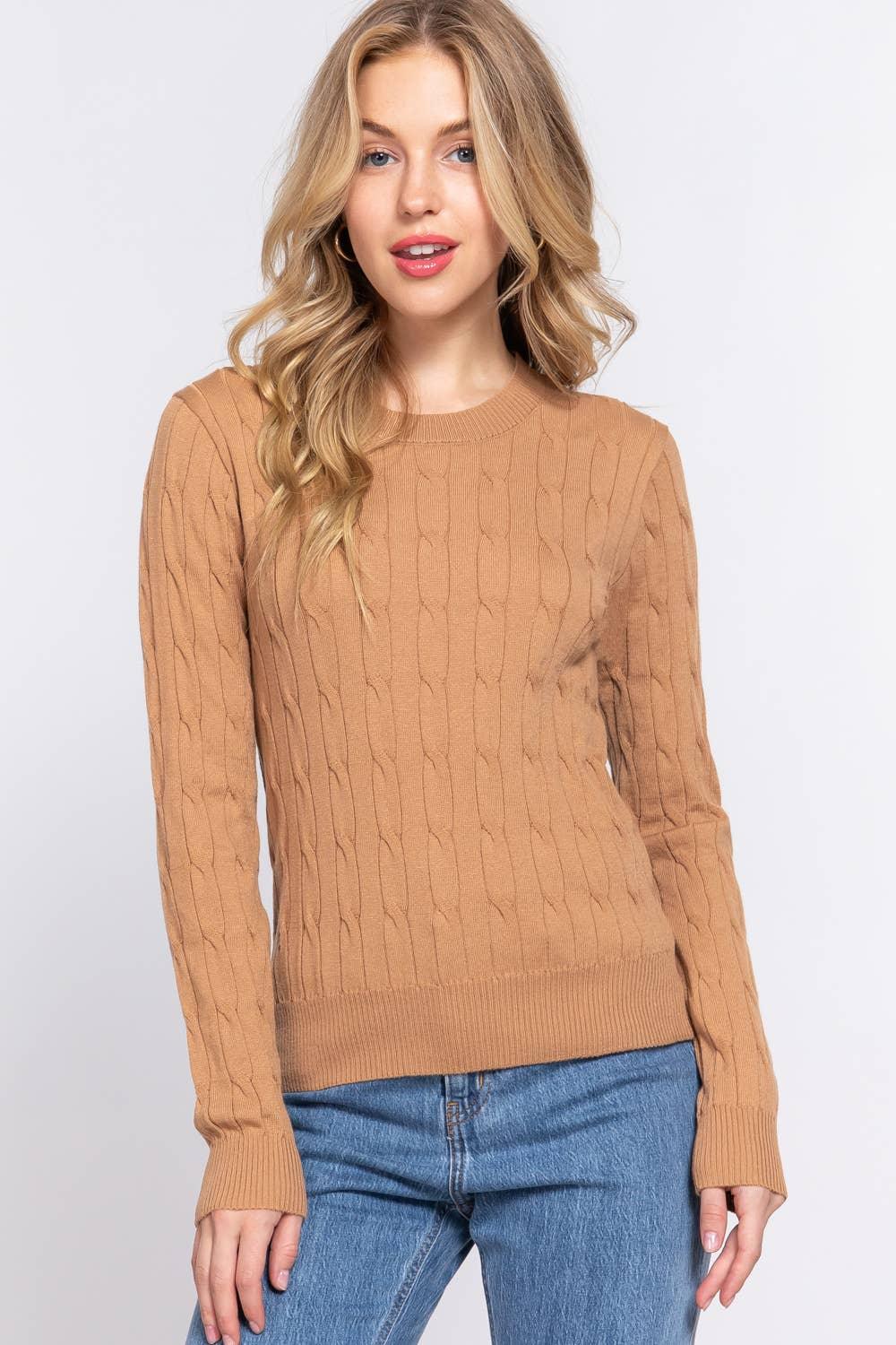 Women's Sweaters - Long Sleeve Round Neck Cable Sweater - - Cultured Cloths Apparel