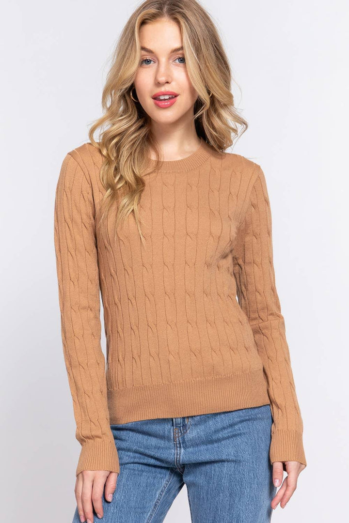 Women's Sweaters - Long Sleeve Round Neck Cable Sweater - - Cultured Cloths Apparel