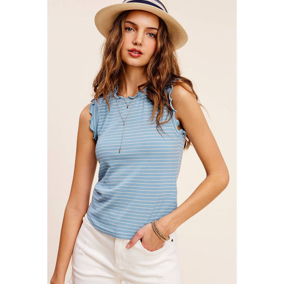 Women's Sleeveless - Brushed Stripe Ruffle Sleeve Spring Summer Top - Blue Bird - Cultured Cloths Apparel
