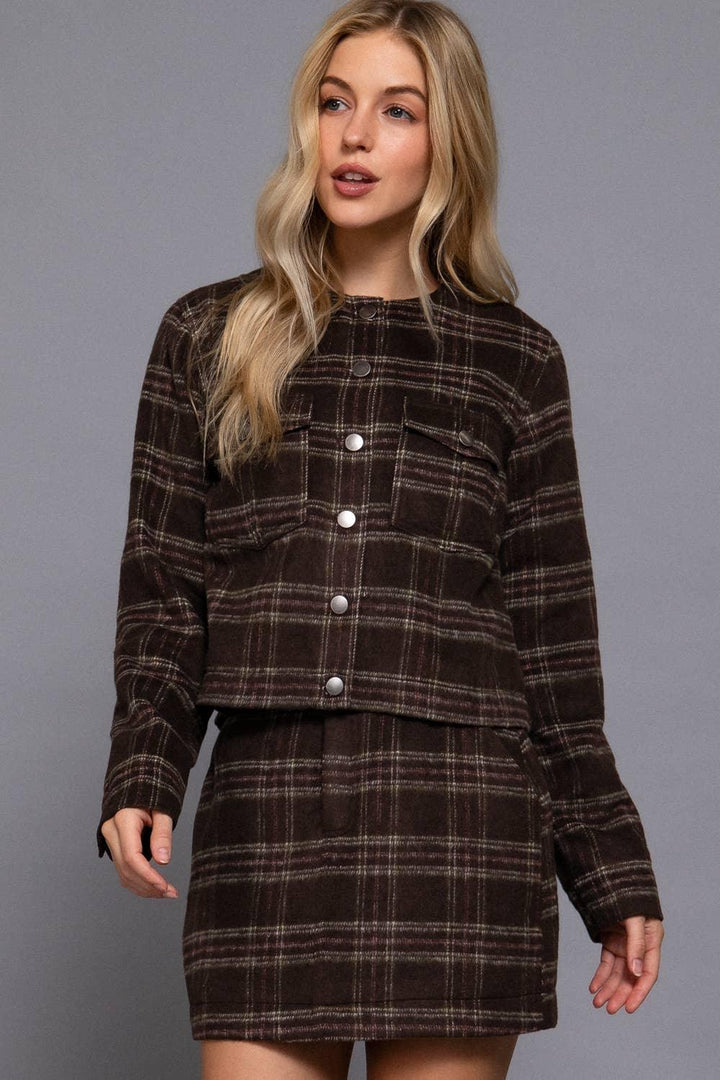 Outerwear - Long Sleeve Round Neck Brushed Plaid Jacket - LARGE - Cultured Cloths Apparel