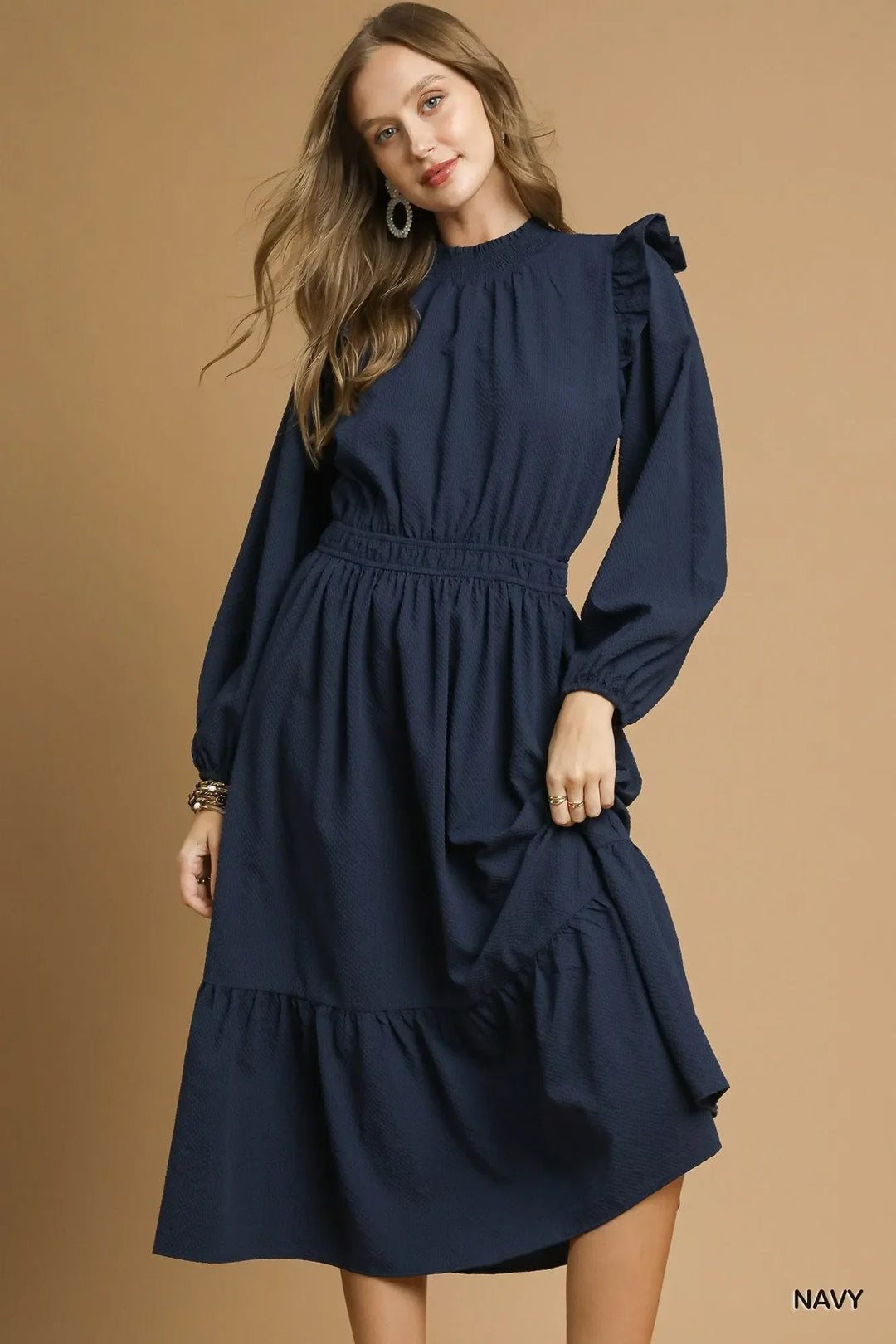 umgee midi dress Umgee Textured Midi Dress with Ruffle Shoulder Detail Navy / S umgee midi dress Umgee Textured Midi Dress with Ruffle Shoulder Detail Navy / S