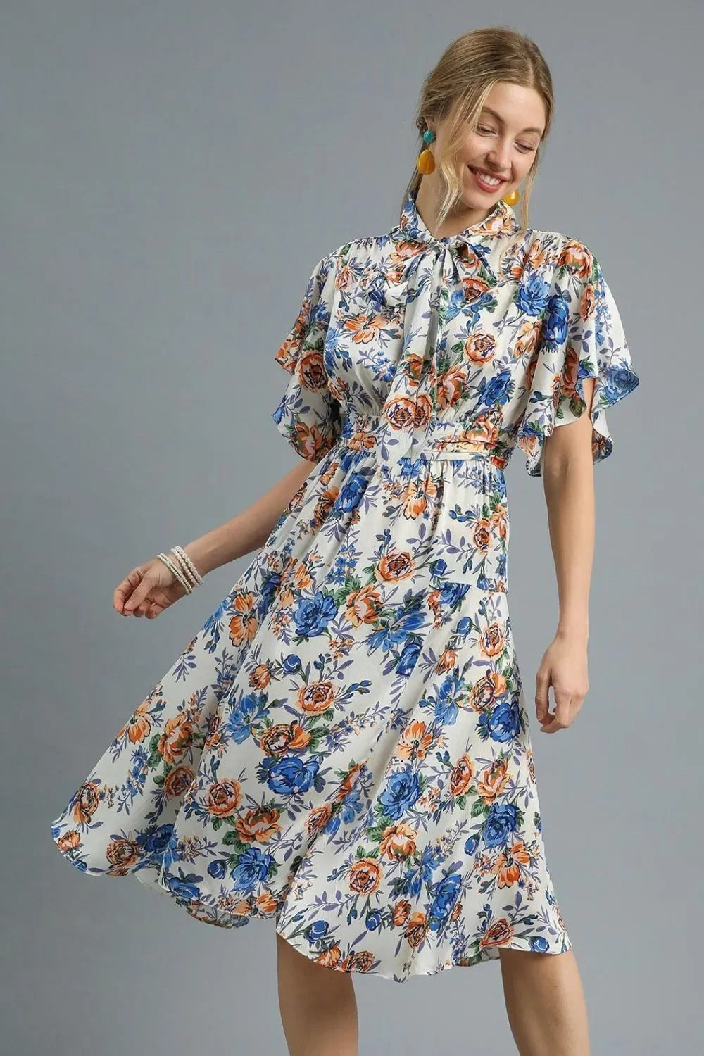 Women's Dresses - Umgee Floral Print Flutter Sleeve Dress - Royal Blue - Cultured Cloths Apparel
