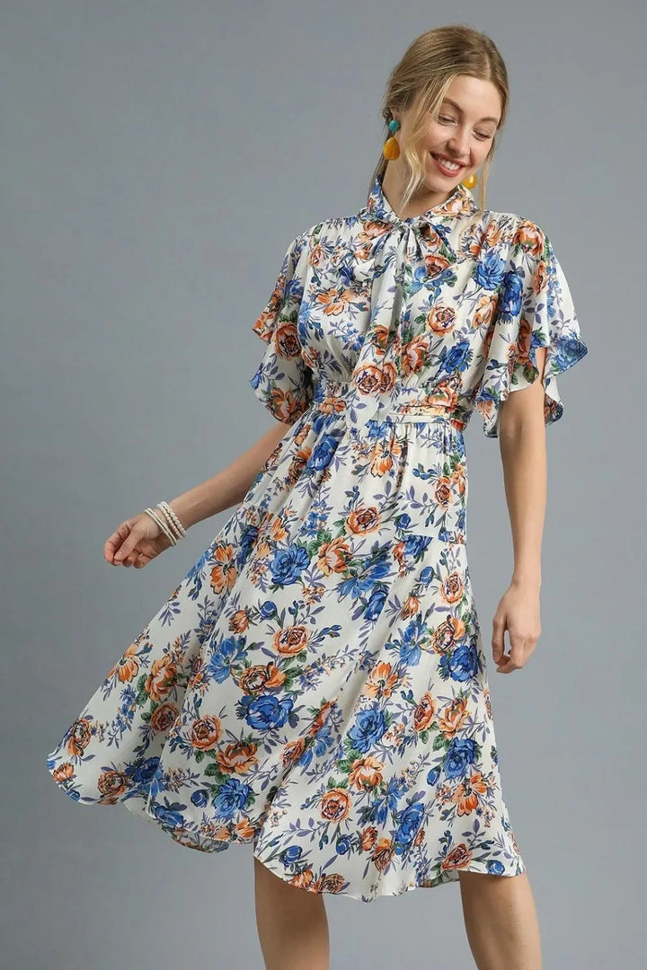 Women's Dresses - Umgee Floral Print Flutter Sleeve Dress - Royal Blue - Cultured Cloths Apparel