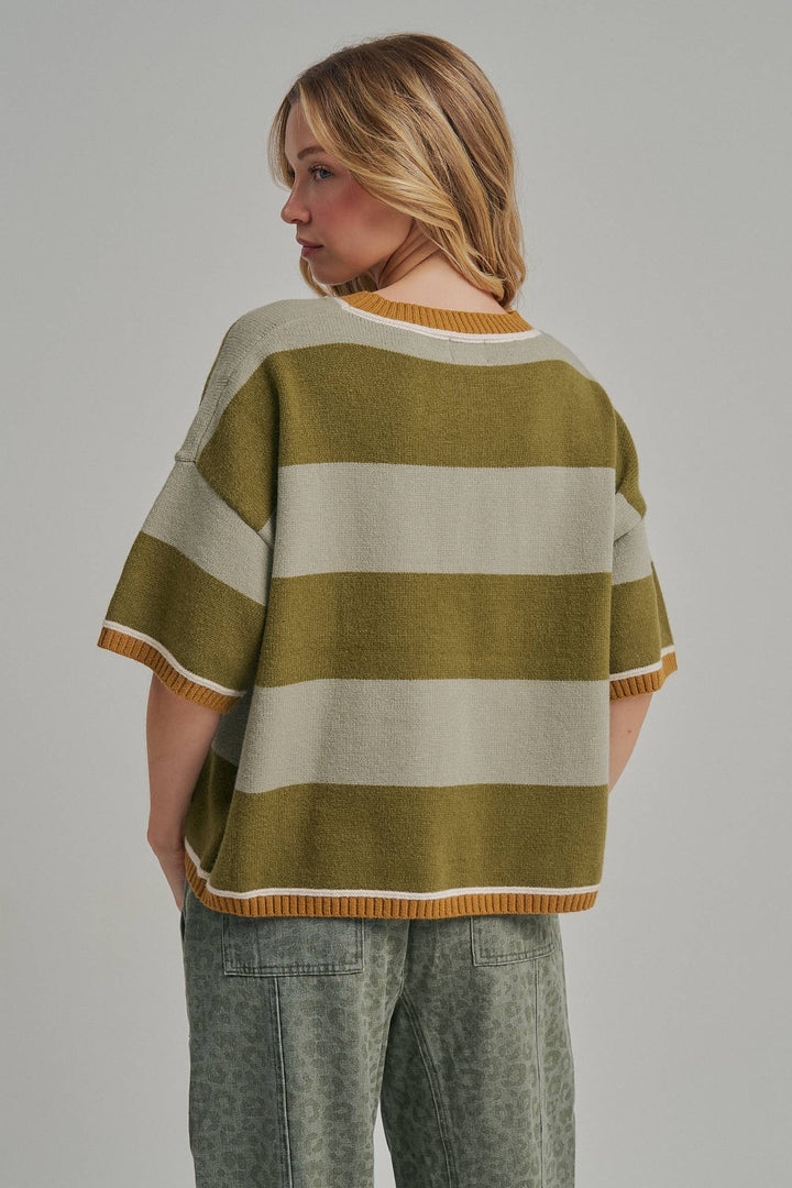 WIDE STRIPE LOOSE FIT DROP SHOULDER SWEATER TOP