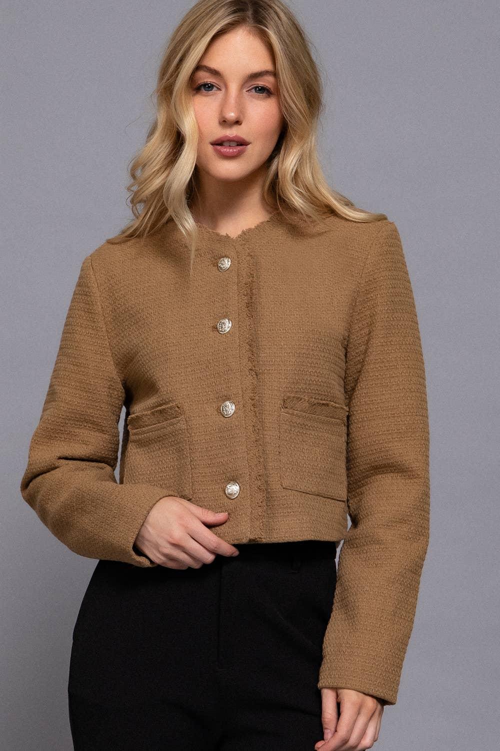 Outerwear - Long Sleeve Crew Neck Button Down Tweed Jacket - - Cultured Cloths Apparel