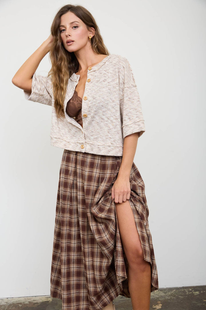 PLAID PLEATED SIDE SLIT MIDI SKIRT