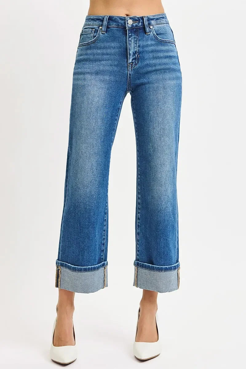 Denim - RISEN Full Size Mid Rise Crop Straight Cuffed Jeans - MEDIUM - Cultured Cloths Apparel