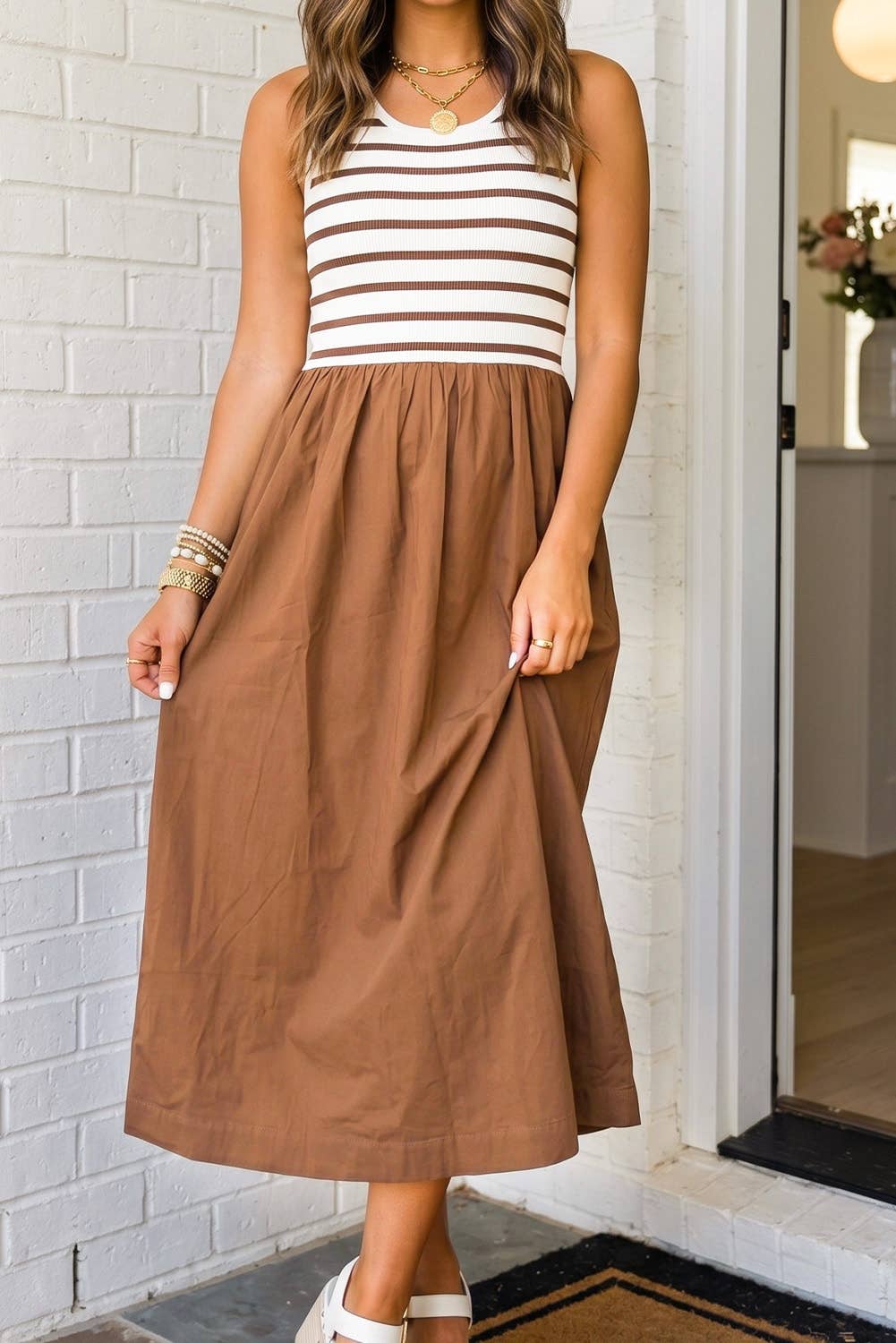 Striped Patchwork Contrast Midi Dress (S-XL)