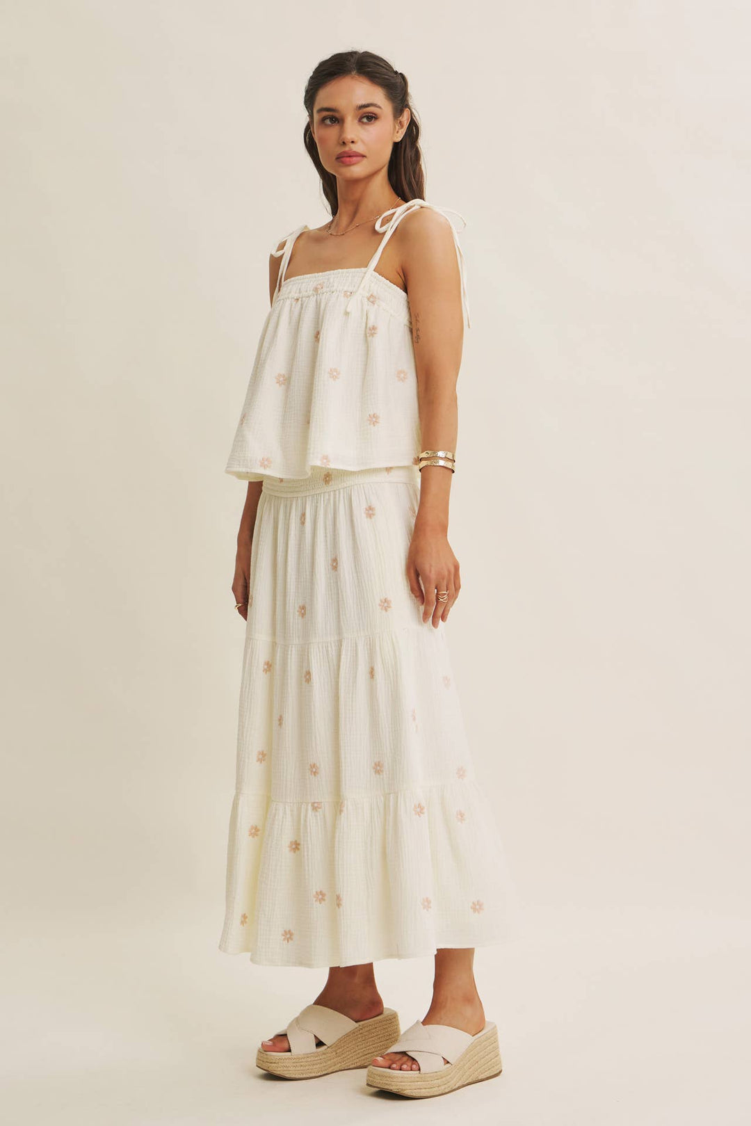 Women's Sleeveless - SUNSET FIELD EMBROIDERED COTTON GAUZE TANK WITH TIE STRAPS - - Cultured Cloths Apparel