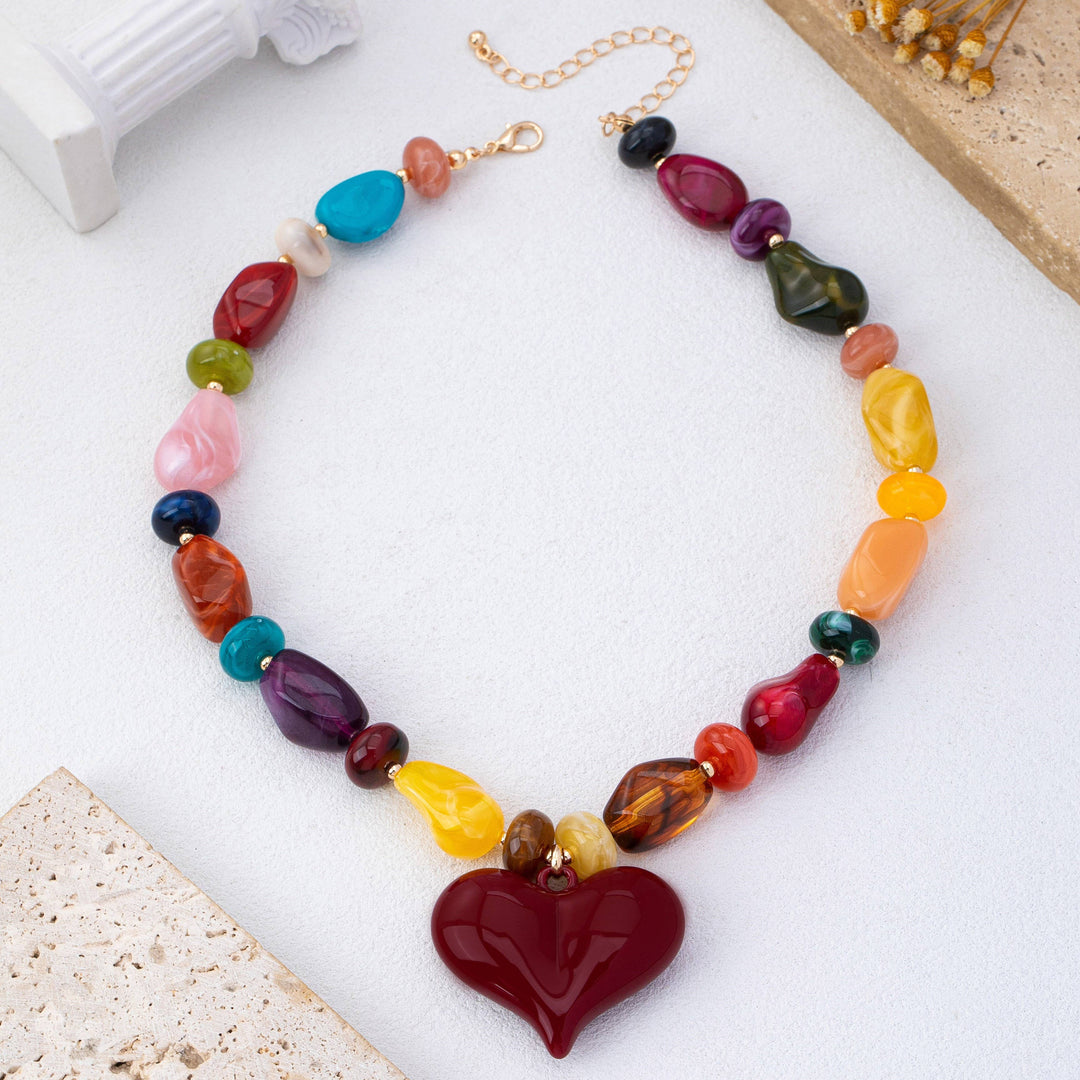 Accessories, Necklaces - Chunky Multicolor Bead Heart Pendant Necklace | 80N93690 - - Cultured Cloths Apparel