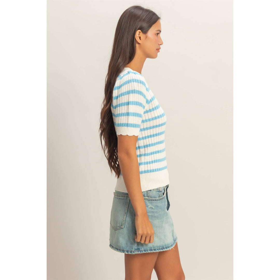 Striped Scallop Edge Puff Sleeve Knit Top