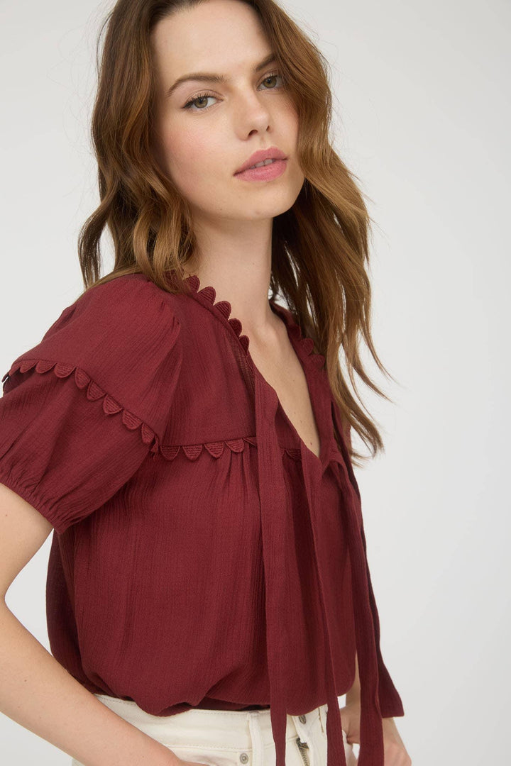 Women's Short Sleeve - SCALLOP TRIM FRONT TIE DETAIL PUFF SLEEVE TOP - - Cultured Cloths Apparel