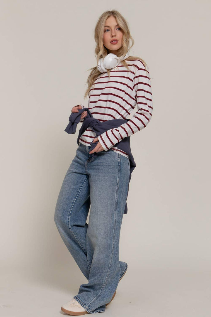 Women's Long Sleeve - Long Sleeve Round Neck Neck Stripe Tee - BURGUNDY - Cultured Cloths Apparel