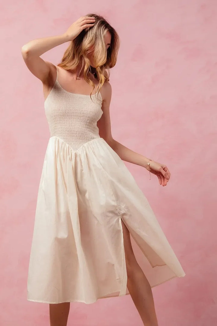 Women's Dresses - SO ME Smocked Sleeveless Casual Everyday Dress With Slit - CREAM - Cultured Cloths Apparel