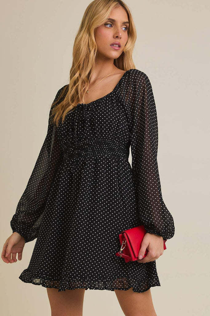 long sleeve smock mini dress PUFF LONG SLEEVE SMOCKED MINI DRESS Black-white Dot / Medium