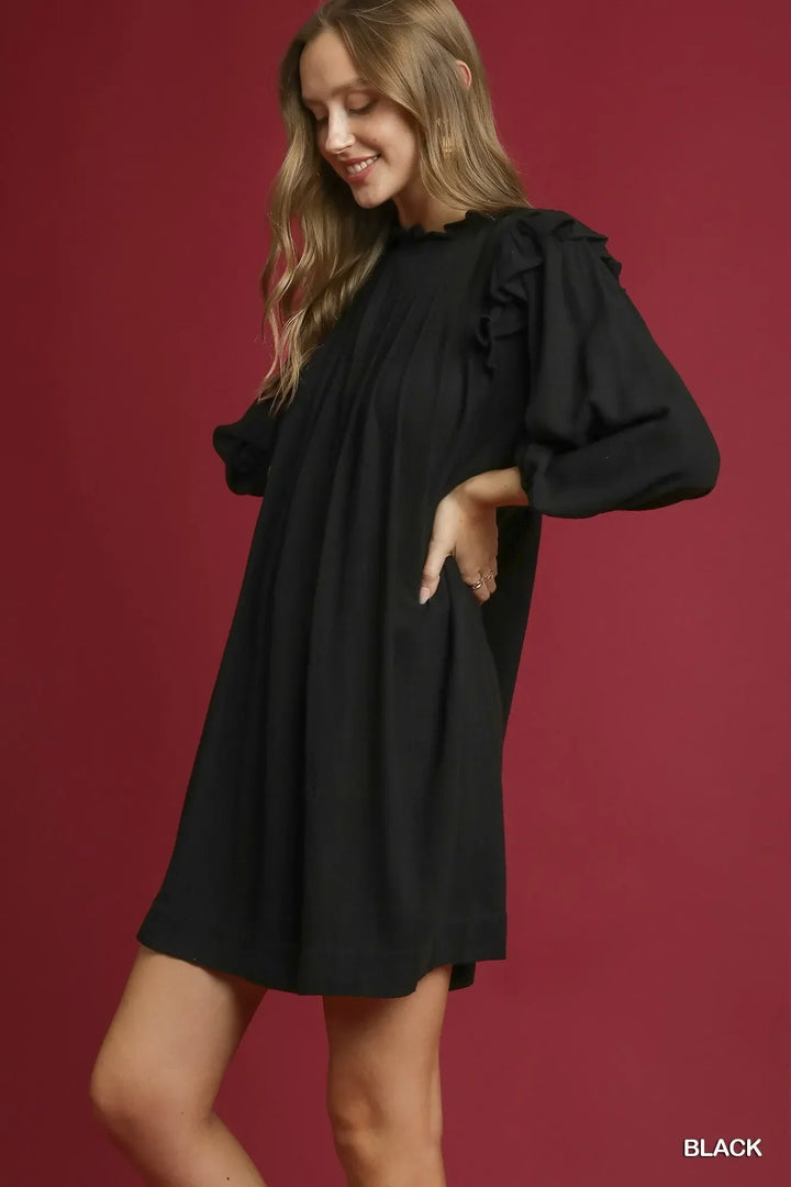 Women's Dresses - Umgee Linen Ruffle Shoulder Pleated Babydoll Dress - - Cultured Cloths Apparel