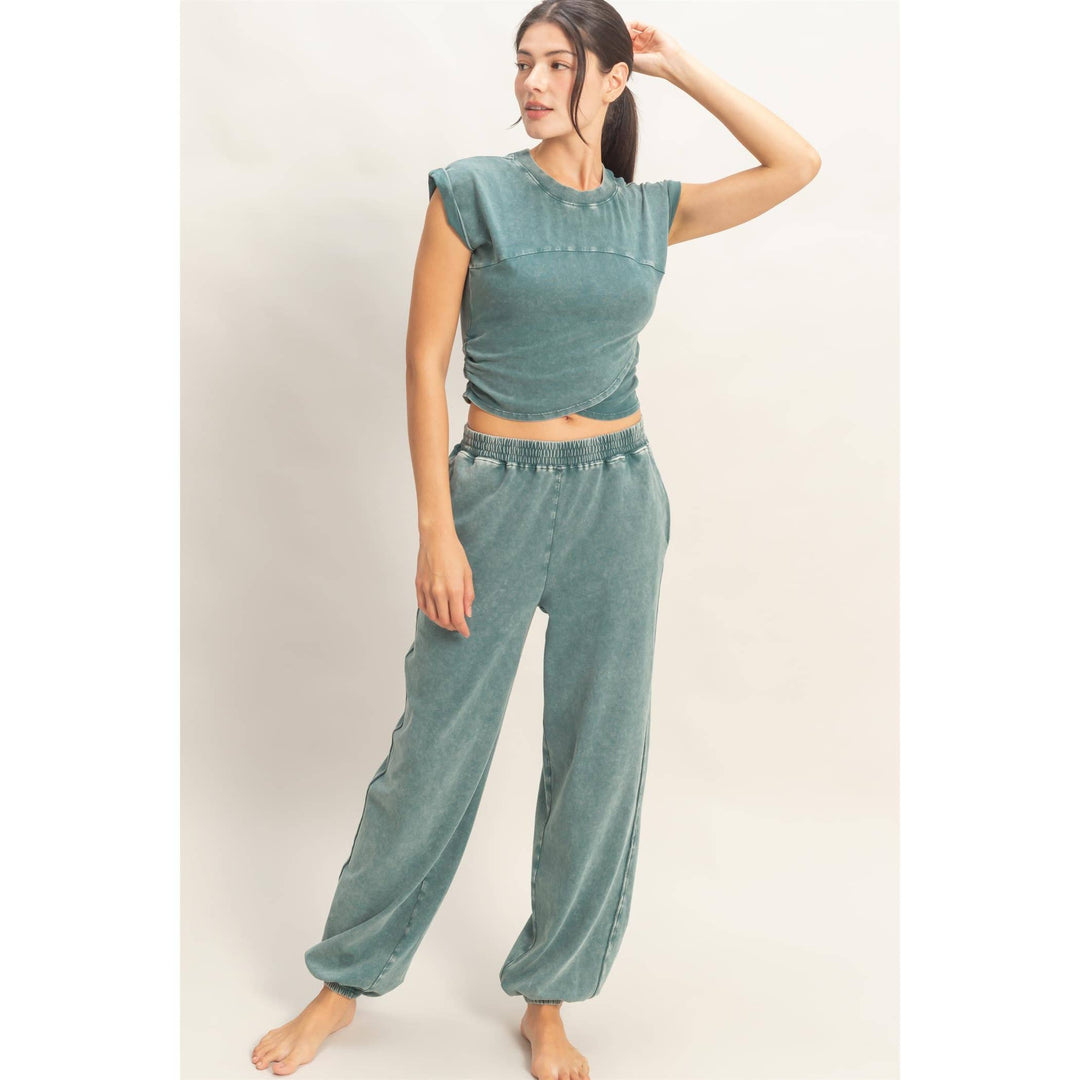 Athleisure - Rolled Sleeve Wrap-Front Crop Top And Jogger Set - - Cultured Cloths Apparel