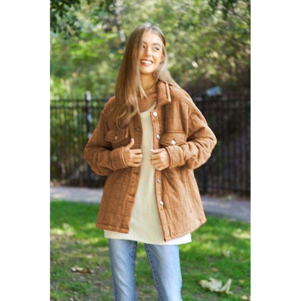 Outerwear - Solid Mineral Wash Quilted Pockets Shacket - Mocha - Cultured Cloths Apparel