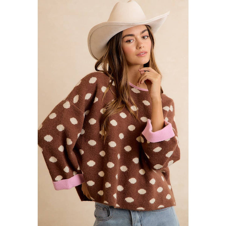 CONTRAST NECK AND ROLL UP DETAIL POLKA DOT SWEATER