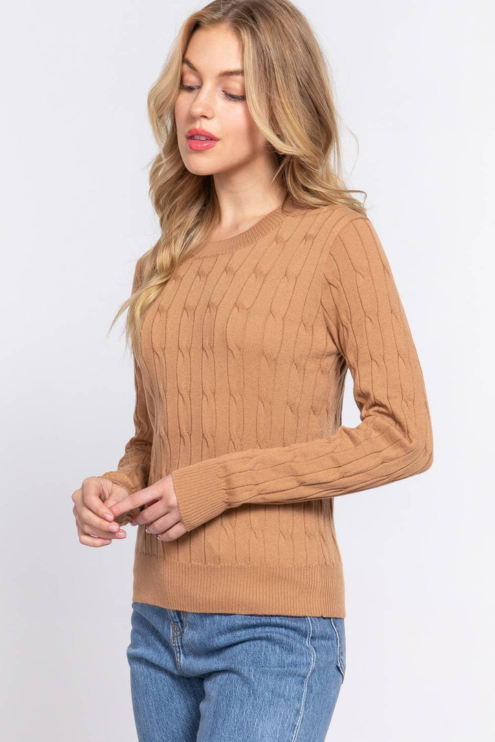 Long Sleeve Round Neck Cable Sweater