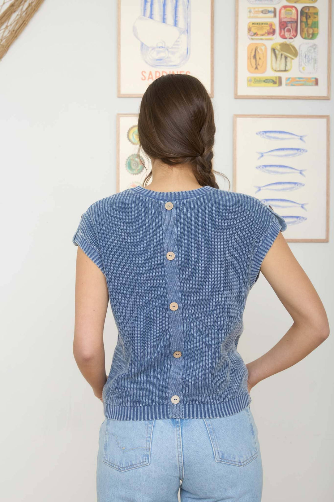 Women's Short Sleeve - ACID WASHED TAB SLEEVE BACK BUTTON KNIT TOP: CHARCOAL - - Cultured Cloths Apparel