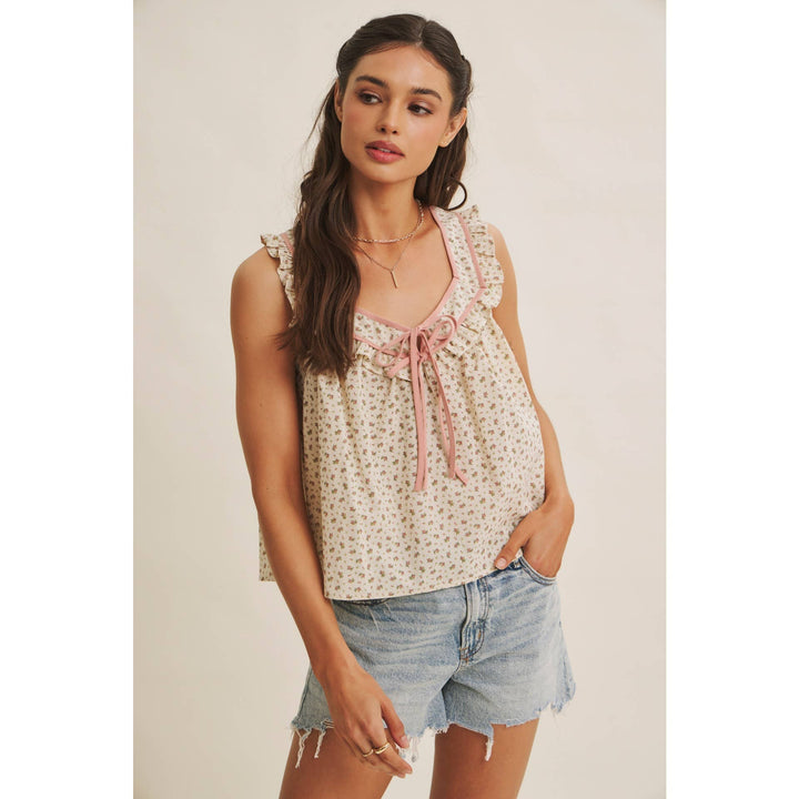 Women's Sleeveless - ANTIQUE MEADOW CONTRAST BINDING FLORAL RUFFLED BLOUSE TOP - - Cultured Cloths Apparel