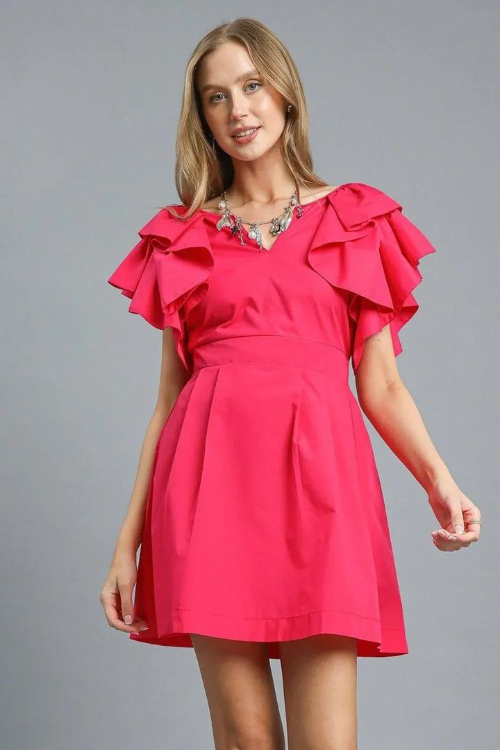 Women's Dresses - Umgee Double Ruffle Sleeve Fit and Flare Dress - Deep Rose - Cultured Cloths Apparel